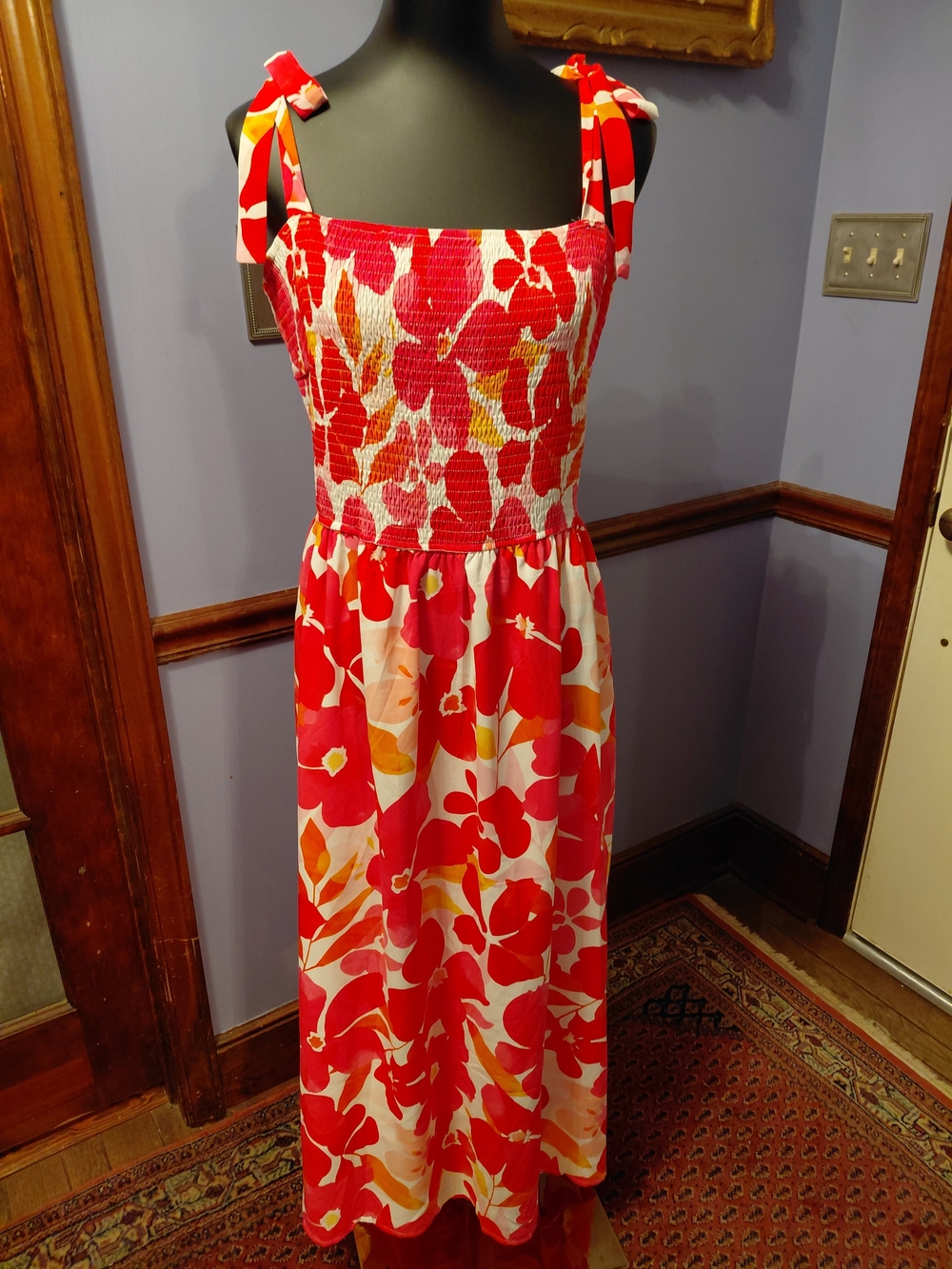 Red Floral Tie-Shoulder Smocked Maxi Dress